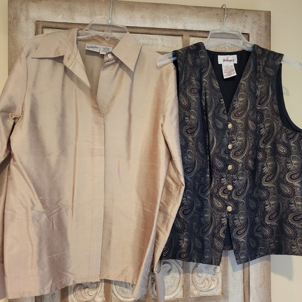 Silk Button-Down Bouse With Matching Paisley Vest - image 1